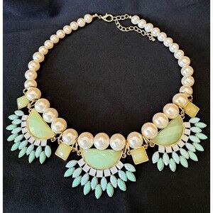 Faux Pearl and Jade Statement Necklace Adjustable Length 18" to 21"